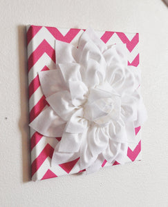 THREE White Dahlia Flowers on Hot Pink and White Chevron Canvases - Daisy Manor