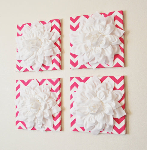 Wall Decor -Set Of Four White Dahlias on Hot Pink and White Chevron 12 x12