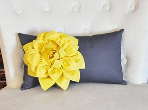 Grey Pillows - White Dahlia on Charcoal Gray Lumbar Pillow - Decorative Pillow - - Daisy Manor