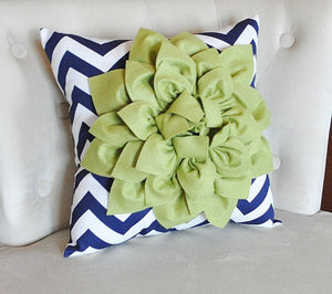 Sage Decorative Throw Pillow Sage Green Dahlia on Navy and White Chevron Pillow -Home Decor- - Daisy Manor