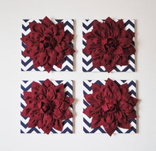 Load image into Gallery viewer, FOUR Ruby Red Dahlias on Navy and White Chevron Canvases - Daisy Manor
