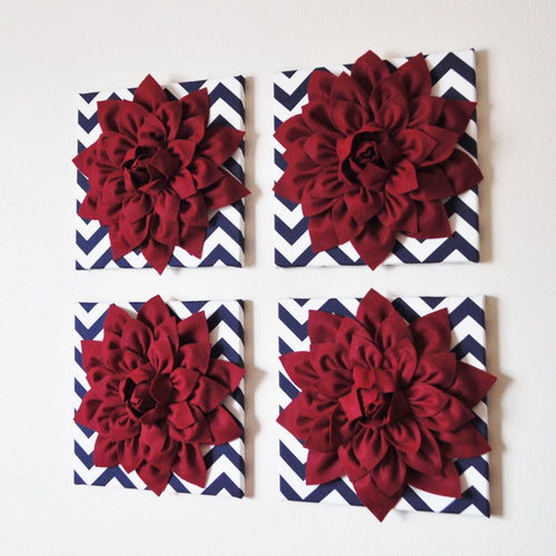 FOUR Ruby Red Dahlias on Navy and White Chevron Canvases - Daisy Manor