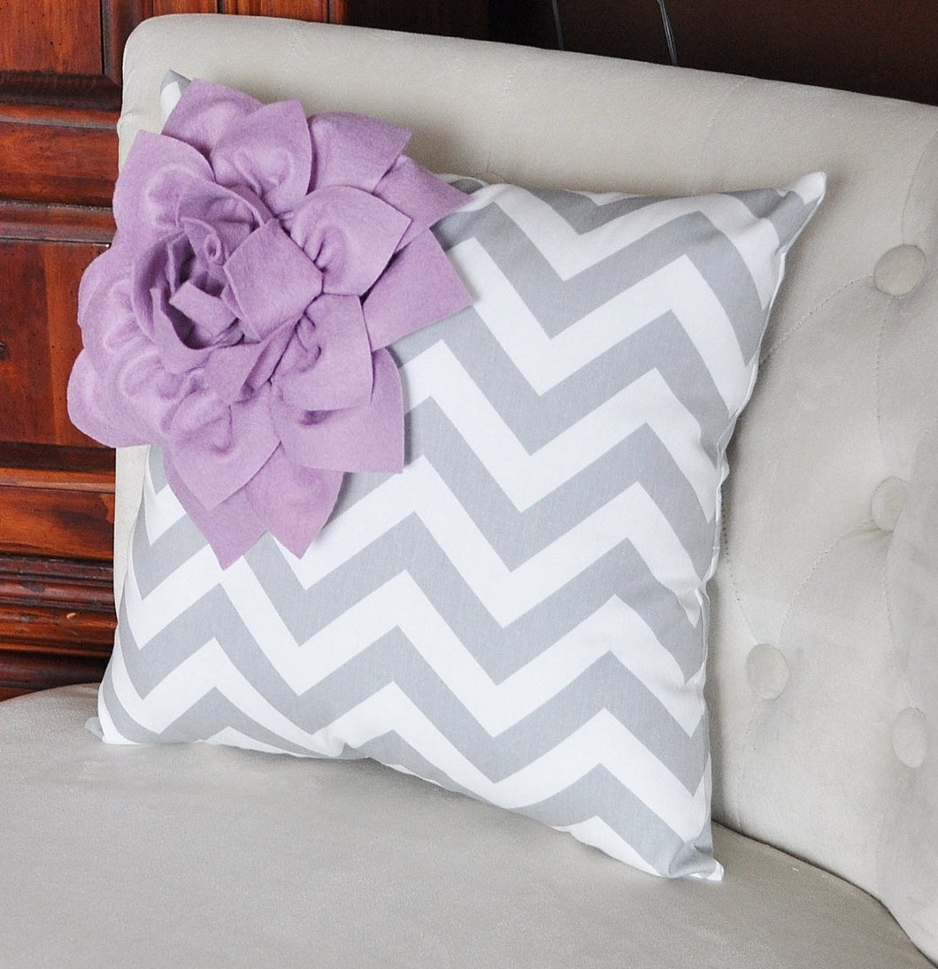 Lilac Corner Dahlia on Gray and White Zigzag Pillow 14 X 14 -Chevron Flower Pillow- Zig Zag Pillows - Daisy Manor