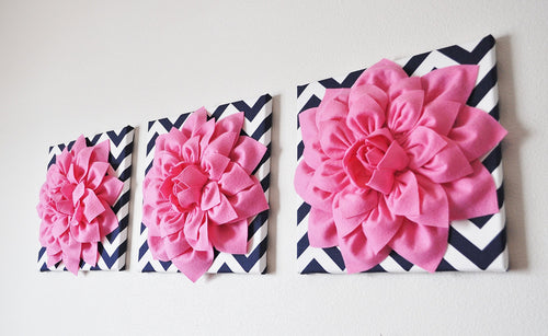 Wall Decor -Set Of Three Pink Dahlias on Navy and White Chevron 12 x12