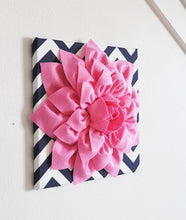Load image into Gallery viewer, Wall Decor -Set Of Three Pink Dahlias on Navy and White Chevron 12 x12&quot; Canvas Wall Art- - Daisy Manor
