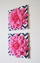 Load image into Gallery viewer, Wall Decor -Set Of Three Pink Dahlias on Navy and White Chevron 12 x12&quot; Canvas Wall Art- - Daisy Manor
