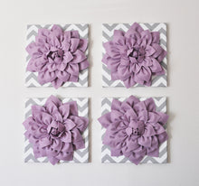 Load image into Gallery viewer, Wall Decor -Set Of Four Lilac Dahlias on Gray and White Chevron 12 x12&quot; Canvases Wall Art- 3D Felt Flower - Daisy Manor

