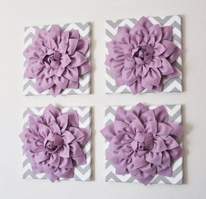Wall Decor -Set Of Four Lilac Dahlias on Gray and White Chevron 12 x12" Canvases Wall Art- 3D Felt Flower - Daisy Manor