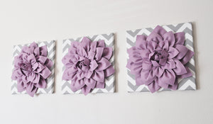 Wall Art -Set of Three Lilac Dahlia on Gray and White Chevron 12 x12" Canvas Wall Art - 3D Felt Flower - Daisy Manor