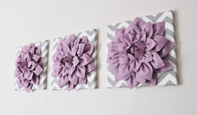 Load image into Gallery viewer, Wall Art - Three Purple Dahlia on Gray and White Chevron 12 x12&quot; Canvas Home Decor - 3D Felt Flower - Daisy Manor
