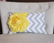 Load image into Gallery viewer, Decorative Lumbar Pillow Yellow Dahlia on Gray and White Zig Zag Chevron Lumbar Pillow 9 x 16 - Daisy Manor
