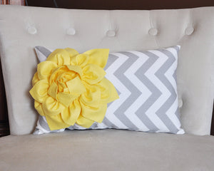 Decorative Lumbar Pillow Yellow Dahlia on Gray and White Zig Zag Chevron Lumbar Pillow 9 x 16 - Daisy Manor