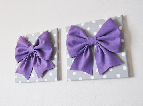 Two Wall Hangings -Large Lavender Bow on Gray with White Polka Dot 12 x12