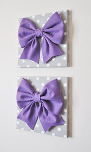 Two Wall Hangings -Large Lavender Bow on Gray with White Polka Dot 12 x12" Canvas Wall Art- Baby Nursery Wall Decor- - Daisy Manor