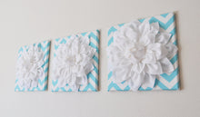 Load image into Gallery viewer, Three White Dahlia on Aqua and White Chevron Canvases - Daisy Manor
