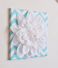 Load image into Gallery viewer, Two Wall Flowers - White Dahlia on Aqua and White Chevron 12 x12&quot; Canvases Wall Art- Baby Nursery - Wall Decor- - Daisy Manor

