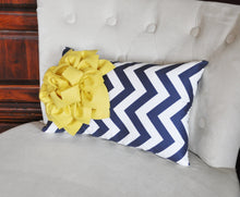 Load image into Gallery viewer, Navy Chevron Lumbar Pillow Mellow Yellow Dahlia on Navy and White Zig Zag Lumbar Pillow 9 x 16 - Daisy Manor

