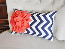Load image into Gallery viewer, Decorative Nursery Pillow Coral Flower on Aqua Chevron Lumbar Pillow - Daisy Manor
