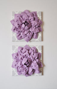 Two Large Flower Wall Hangings -Lilac Dahlias on Neutral Gray Tarika Canvases- - Daisy Manor