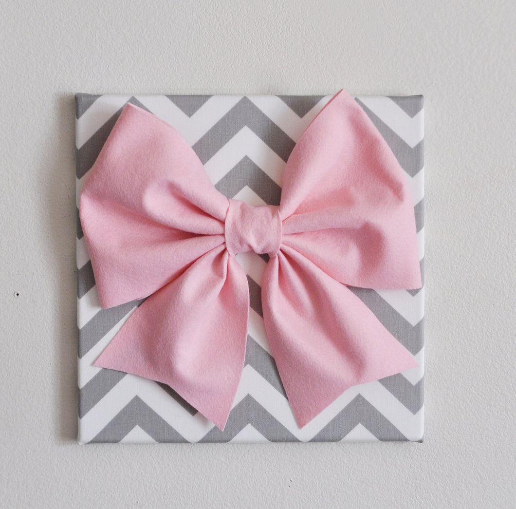 Large Light Pink Bow on Gray and White Chevron 12 x12