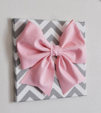 Load image into Gallery viewer, Large Light Pink Bow on Gray and White Chevron 12 x12&quot; Canvas Wall Art- Baby Nursery Wall Decor- Zig Zag - Daisy Manor
