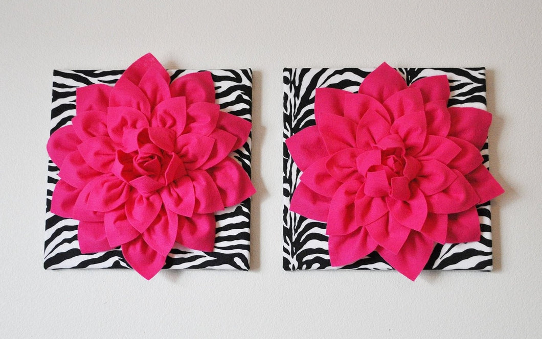 Two Wall Flowers -Hot Pink Dahlia Flowers on Black and White Zebra Print 12 x12