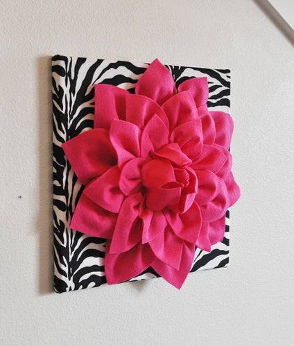 Hot Pink Wall Hanging -Hot Pink Dahlia on Zebra Print 12 x12