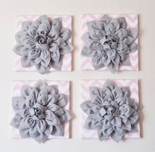 Load image into Gallery viewer, Wall Hanging -Set Of Four Gray Dahlia Flowers on Light Pink and White Chevron 12 x12&quot; Canvases Wall Art- 3D Felt Flower - Daisy Manor
