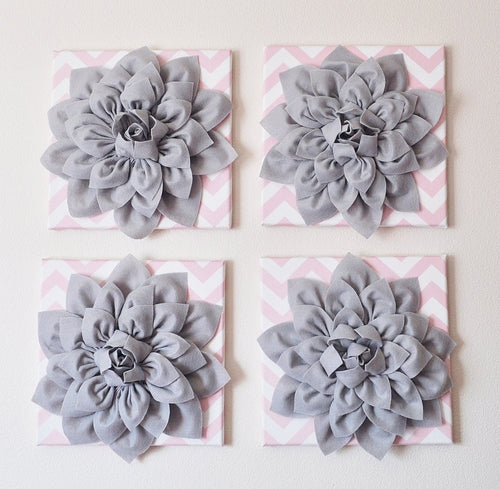Wall Hanging -Set Of Four Gray Dahlia Flowers on Light Pink and White Chevron 12 x12