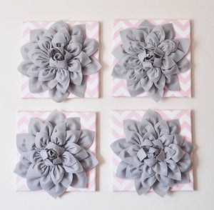 Wall Hanging -Set Of Four Gray Dahlia Flowers on Light Pink and White Chevron 12 x12" Canvases Wall Art- 3D Felt Flower - Daisy Manor