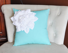 Load image into Gallery viewer, White Corner Dahlia on Bright Aqua Pillow 14 X 14 Aqua Blue Pillow Toss Pillow Decorative Pillow - Daisy Manor
