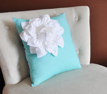 Load image into Gallery viewer, White Corner Dahlia on Bright Aqua Pillow 14 X 14 Aqua Blue Pillow Toss Pillow Decorative Pillow - Daisy Manor
