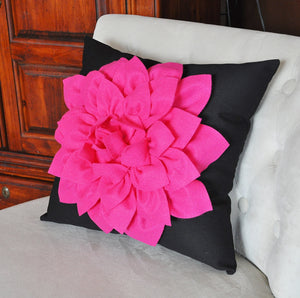 Pillows - Hot Pink Dahlia Flower on Black Pillow - Daisy Manor