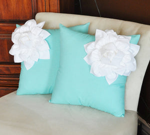 Two Decorative Pillows White Corner Dahlia on Aqua Blue Pillows -Aqua Blue Pillow- Decorative Pillows- - Daisy Manor