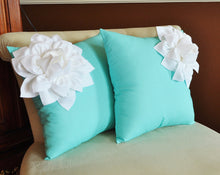 Load image into Gallery viewer, Two Decorative Pillows White Corner Dahlia on Aqua Blue Pillows -Aqua Blue Pillow- Decorative Pillows- - Daisy Manor
