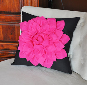 Pillow - 16 x 16 inch Hot Pink Dahlia Flower on Black Pillow - Daisy Manor
