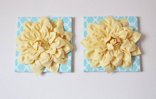 Two Wall Flowers -Light Yellow Dahlia on Blue Tarika 12 x12