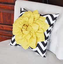 Load image into Gallery viewer, Mellow Yellow Dahlia on Black and White Zigzag Pillow -Chevron Pillow- - Daisy Manor
