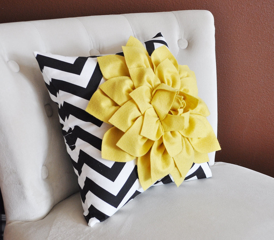 Mellow Yellow Dahlia on Black and White Zigzag Pillow -Chevron Pillow- - Daisy Manor