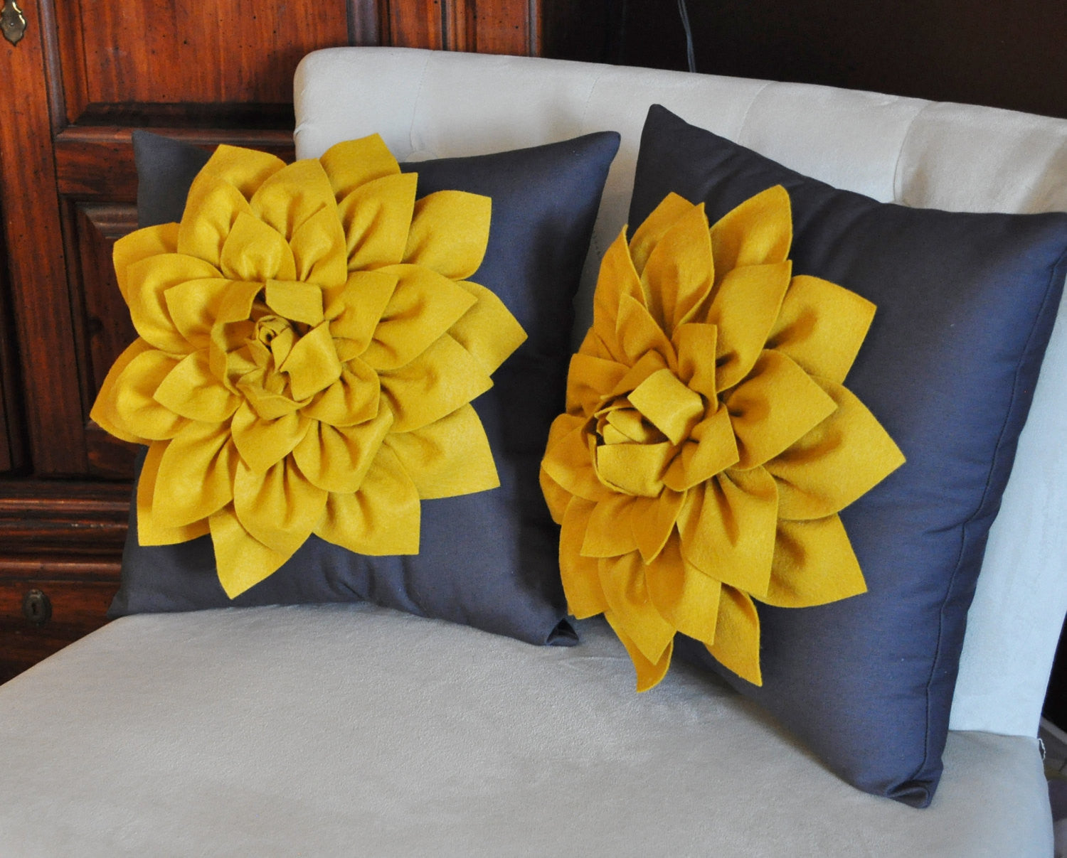 Two Decorative Flower Pillows Mustard Yellow Dahlias on Charcoal Grey Daisy Manor