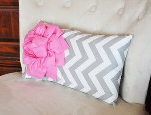 Decorative Lumbar Pillow Pink Dahlia on Gray and White Zig Zag Chevron Lumbar Pillow 9 x 16 - Daisy Manor