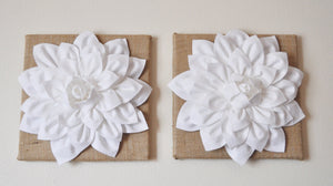 Two Wall Flowers -White Dahlias on Burlap 12 x12" Canvas Wall Art- Rustic Home Decor- - Daisy Manor