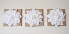 Load image into Gallery viewer, Set of Three White Dahlias on Burlap 14 x14&quot; Canvas - Daisy Manor
