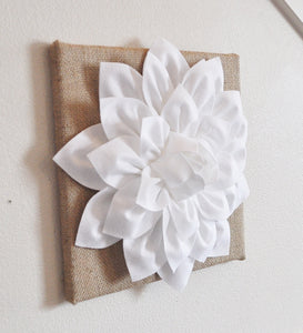 Wall Flower -White Dahlia on Burlap 12 x12" Canvas Wall Art- 3D Felt Flower - Daisy Manor