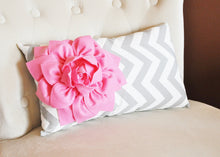 Load image into Gallery viewer, Decorative Lumbar Pillow Pink Dahlia on Gray and White Zig Zag Chevron Lumbar Pillow 9 x 16 - Daisy Manor
