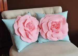 Set Of Two Decorative Rose Pillows -Light Pink Roses on Light Aqua Pillows 14 X 14 - Daisy Manor