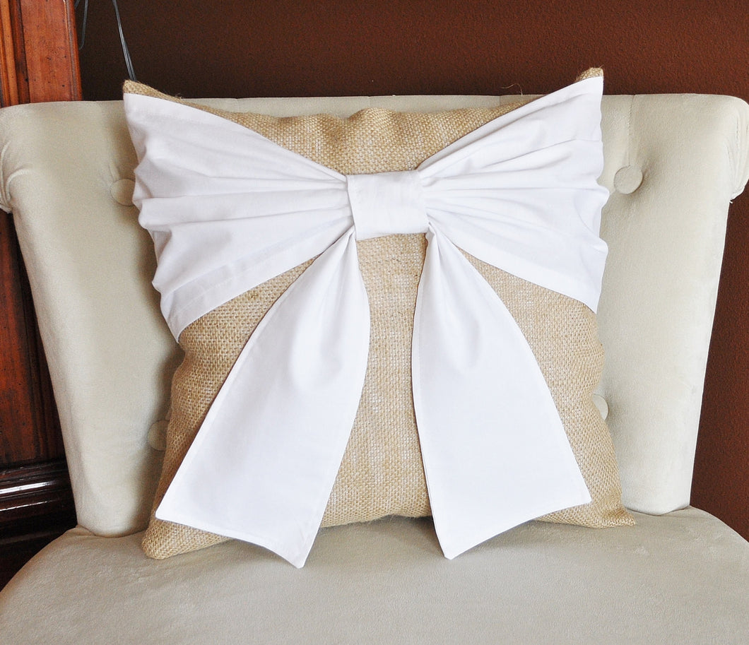 White Bow Burlap Pillow - Daisy Manor