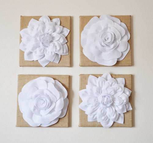 Farmhouse Flower Art Four White Flowers on Burlap Wall Decor Set - Daisy Manor