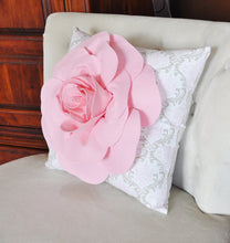 Load image into Gallery viewer, Light Pink Rose on Pink White and Taupe Damask Damask Pillow - Daisy Manor

