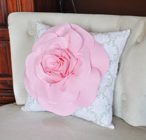Light Pink Rose on Pink White and Taupe Damask Damask Pillow - Daisy Manor